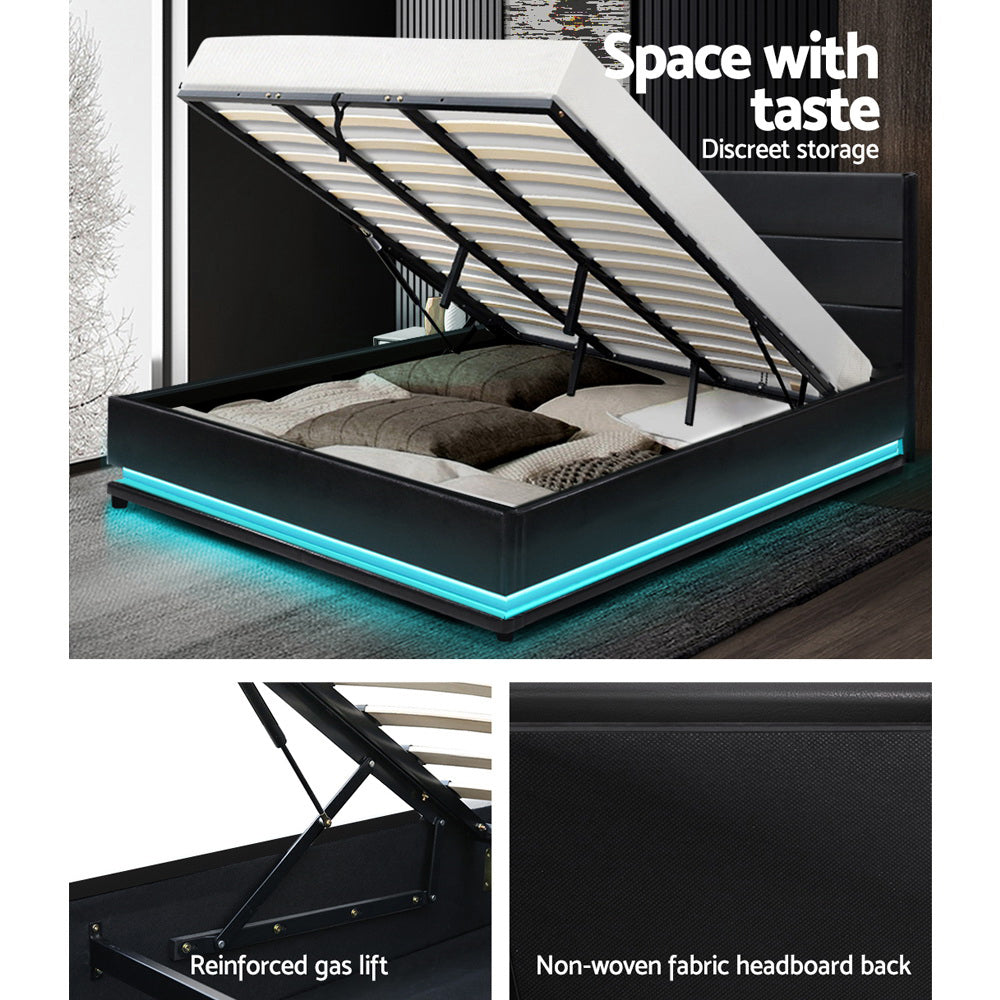 Artiss Bed Frame King Size LED Gas Lift Black LUMI