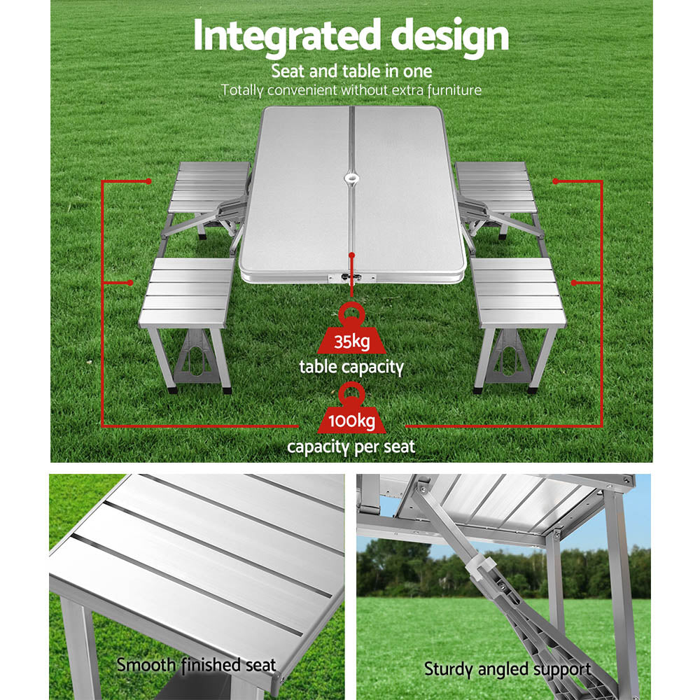 Weisshorn Folding Camping Table Outdoor Picnic BBQ With 2 Bench Chairs Set - SILBERSHELL