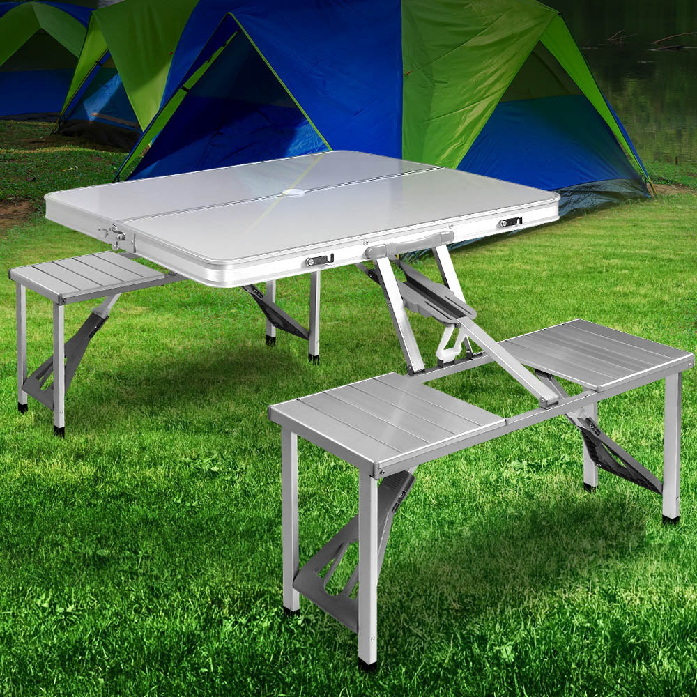 Weisshorn Folding Camping Table Outdoor Picnic BBQ With 2 Bench Chairs Set - SILBERSHELL