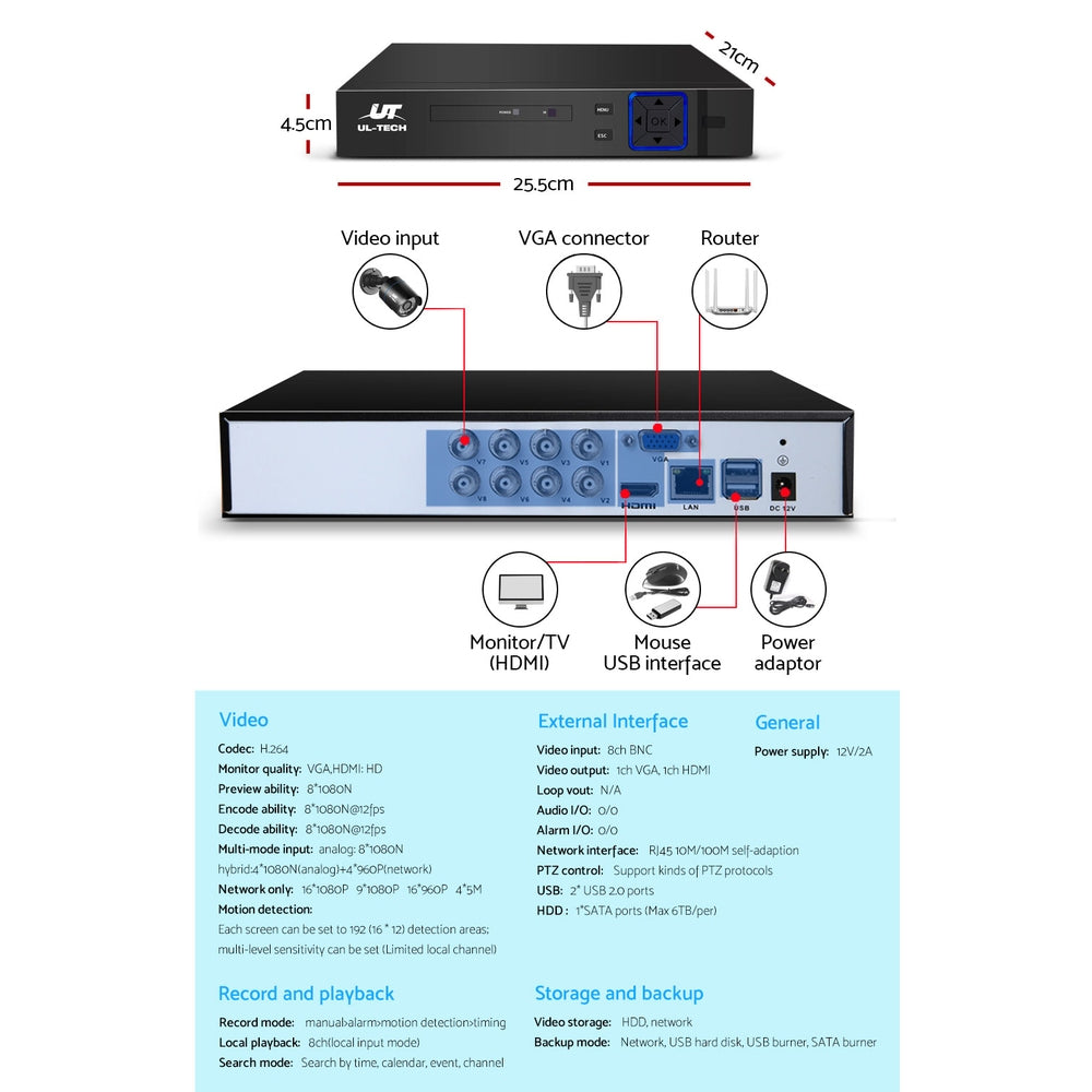 UL-tech CCTV Security System 8CH DVR 8 Cameras 4TB Hard Drive - SILBERSHELL