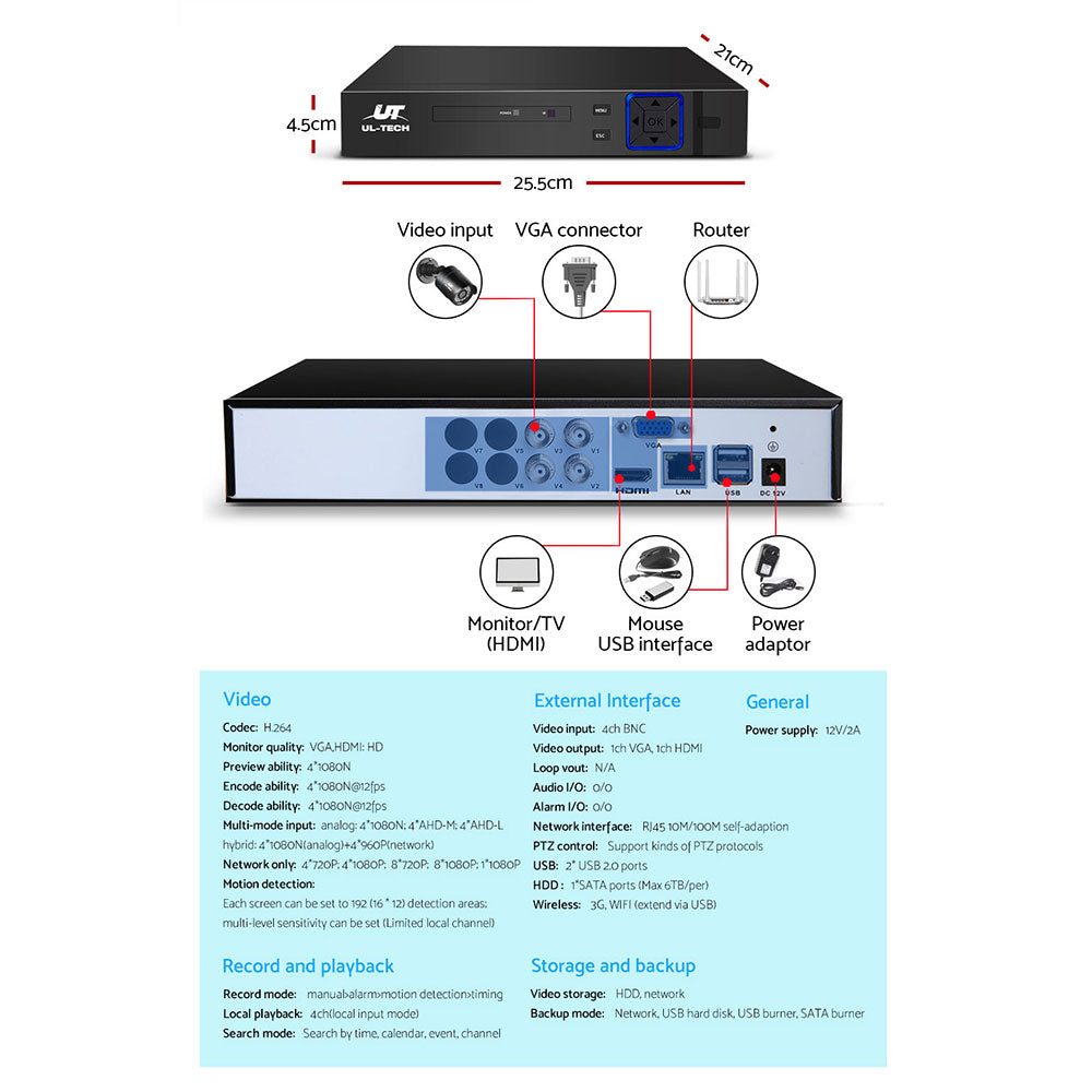 UL-tech CCTV Security System 4CH DVR 2 Cameras 1080p - SILBERSHELL