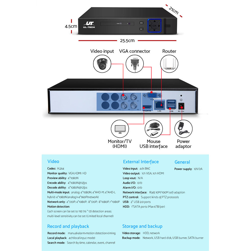 UL-tech CCTV Security System 4CH DVR 4 Cameras 1080p - SILBERSHELL