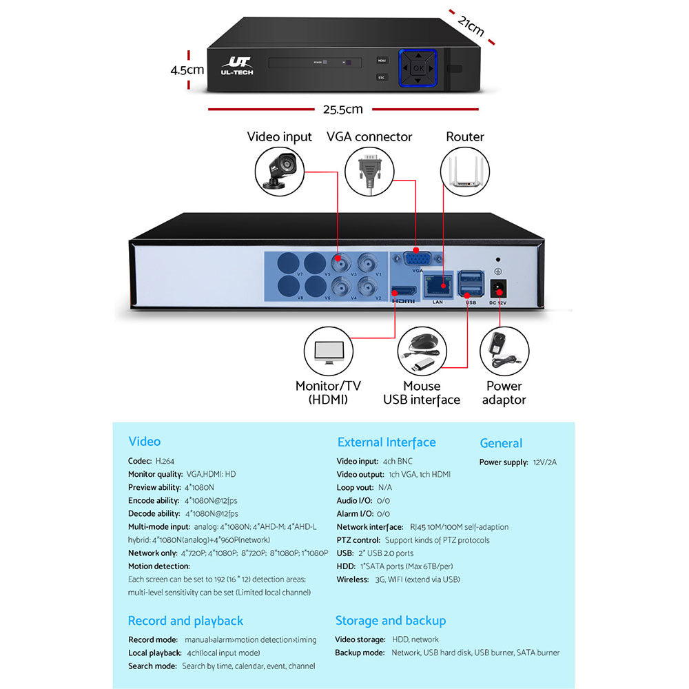 UL-tech CCTV Security System 4CH DVR 4 Cameras 1080p - SILBERSHELL