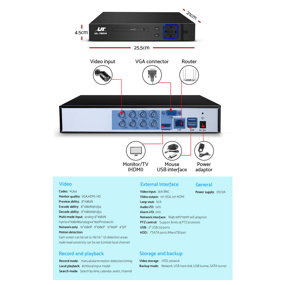 UL-tech CCTV Security System 8CH DVR 4 Cameras 1080p - SILBERSHELL