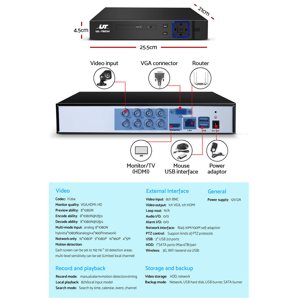 UL-tech CCTV Security System 8CH DVR 4 Cameras 1080p - SILBERSHELL