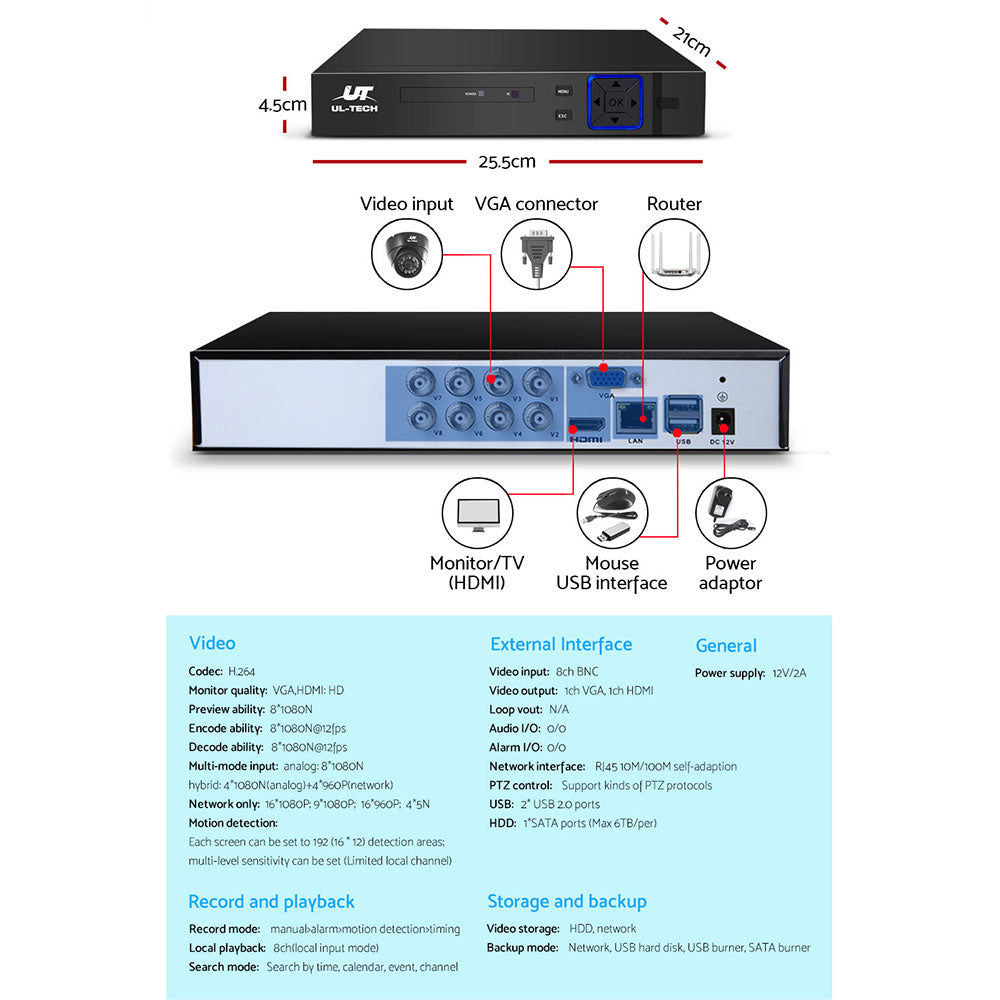 UL-tech CCTV Security System 8CH DVR 8 Cameras 1080p - SILBERSHELL