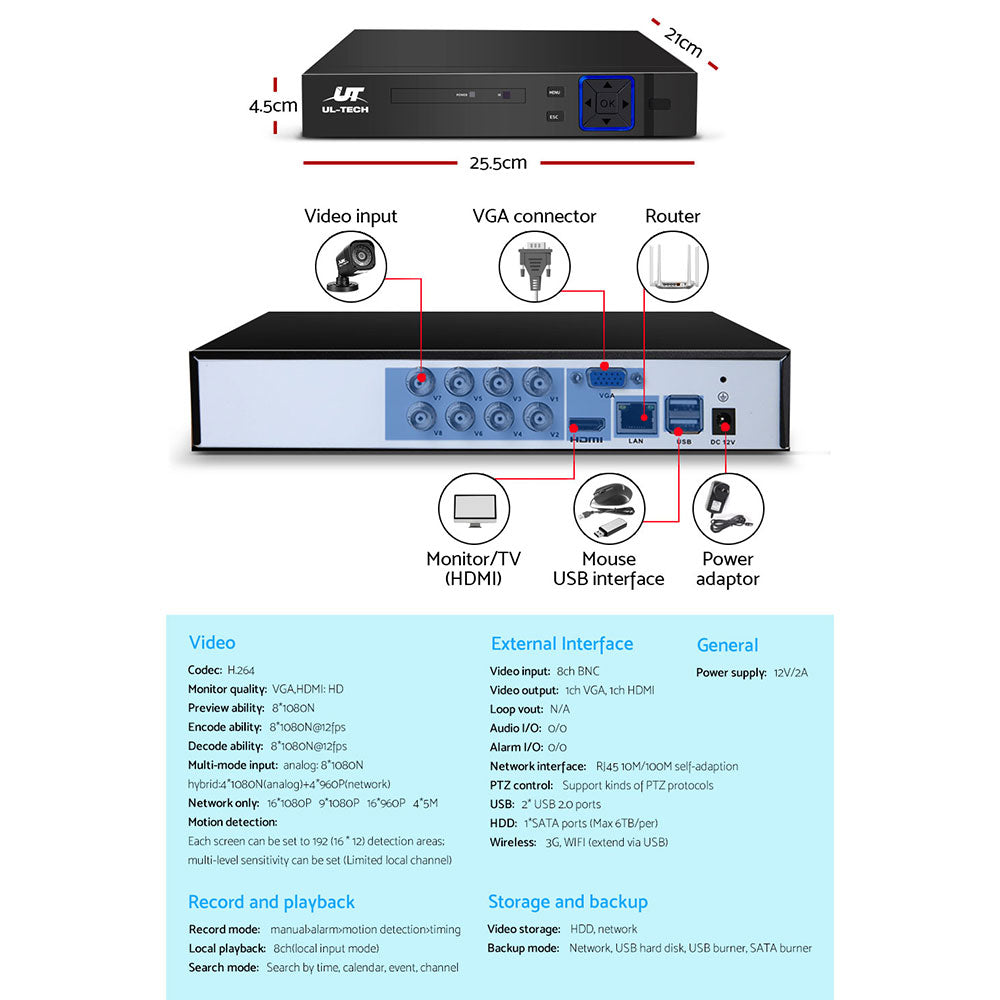 UL-tech CCTV Security System 8CH DVR 8 Cameras 1TB Hard Drive - SILBERSHELL