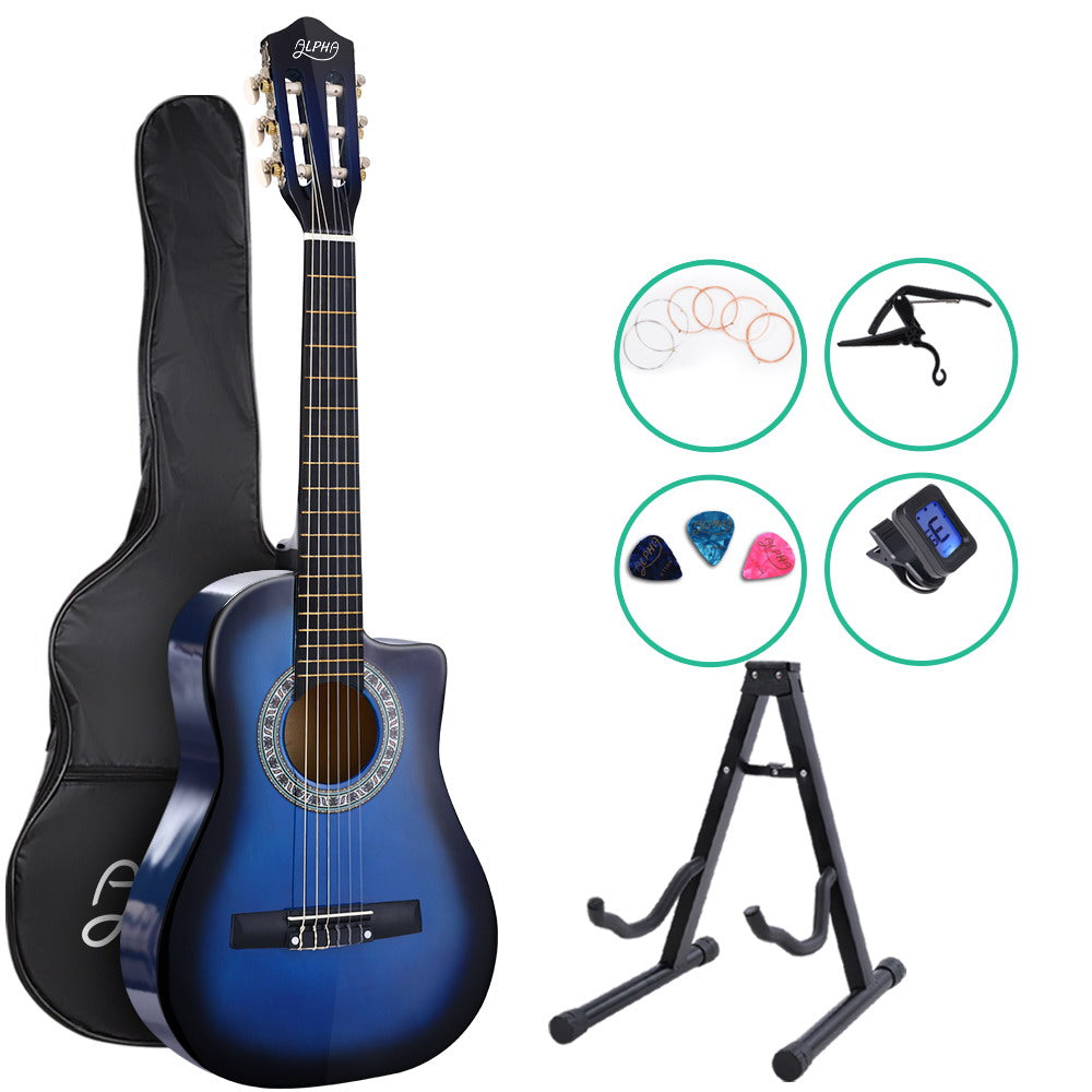 Alpha 34 Inch Classical Guitar Wooden Body Nylon String w/ Stand Beignner Blue - SILBERSHELL