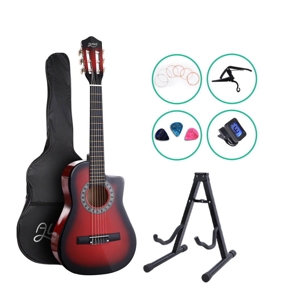 Alpha 34 Inch Classical Guitar Wooden Body Nylon String w/ Stand Beignner Red - SILBERSHELL