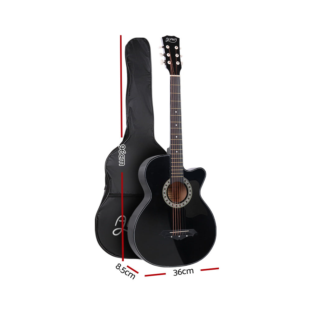 Alpha 38 Inch Acoustic Guitar Wooden Body Steel String Full Size Cutaway Black - SILBERSHELL