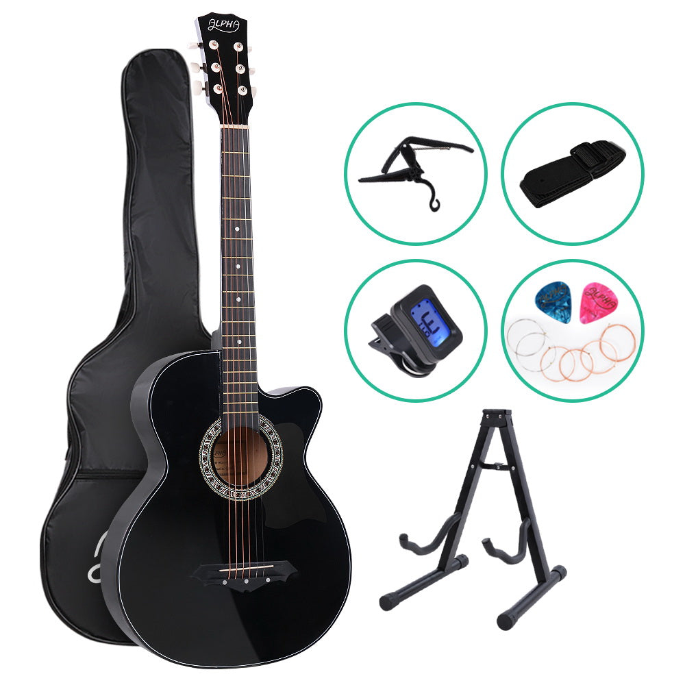 Alpha 38 Inch Acoustic Guitar Wooden Body Steel String Full Size w/ Stand Black - SILBERSHELL