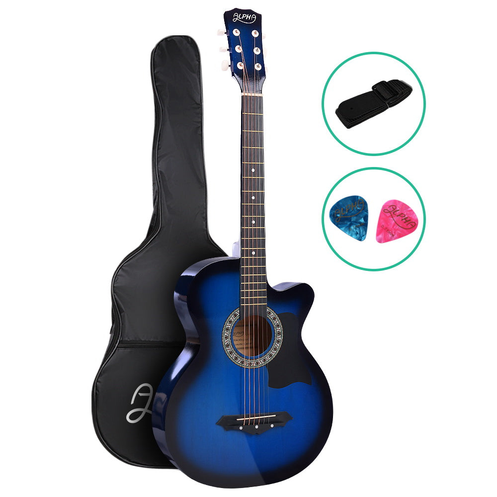 Alpha 38 Inch Acoustic Guitar Wooden Body Steel String Full Size Cutaway Blue - SILBERSHELL