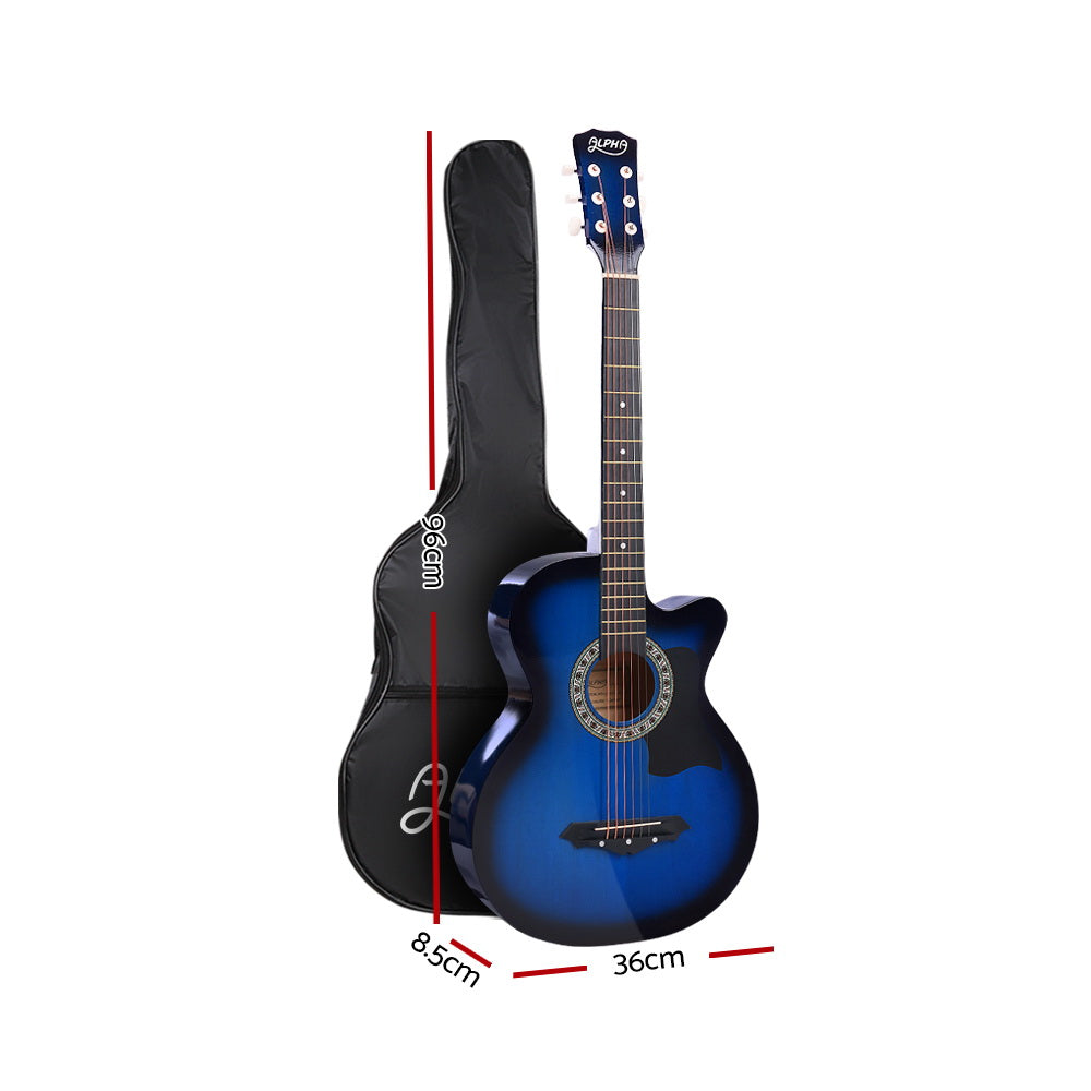 Alpha 38 Inch Acoustic Guitar Wooden Body Steel String Full Size w/ Stand Blue - SILBERSHELL