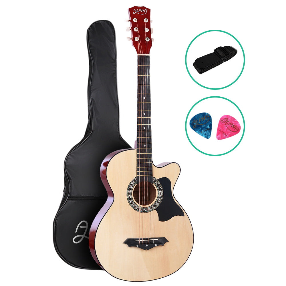 Alpha 38 Inch Acoustic Guitar Wooden Body Steel String Full Size Cutaway Wood - SILBERSHELL