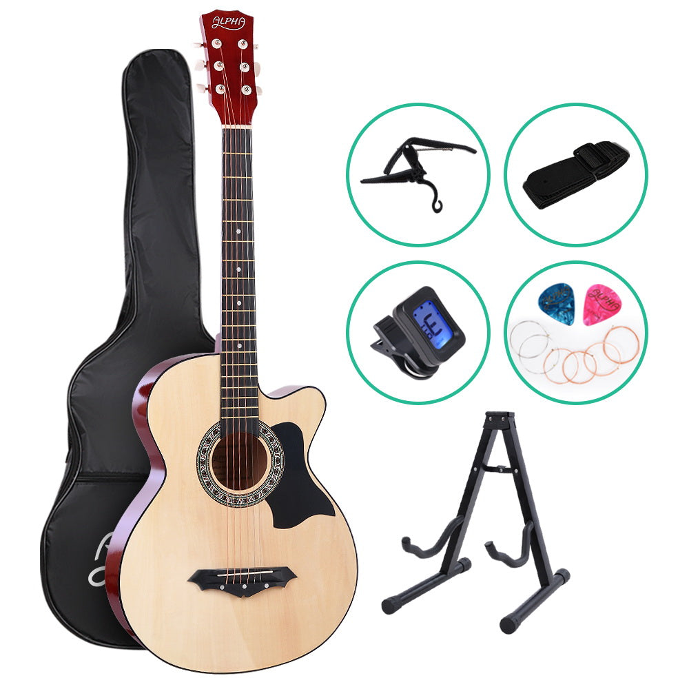 Alpha 38 Inch Acoustic Guitar Wooden Body Steel String Full Size w/ Stand Wood - SILBERSHELL