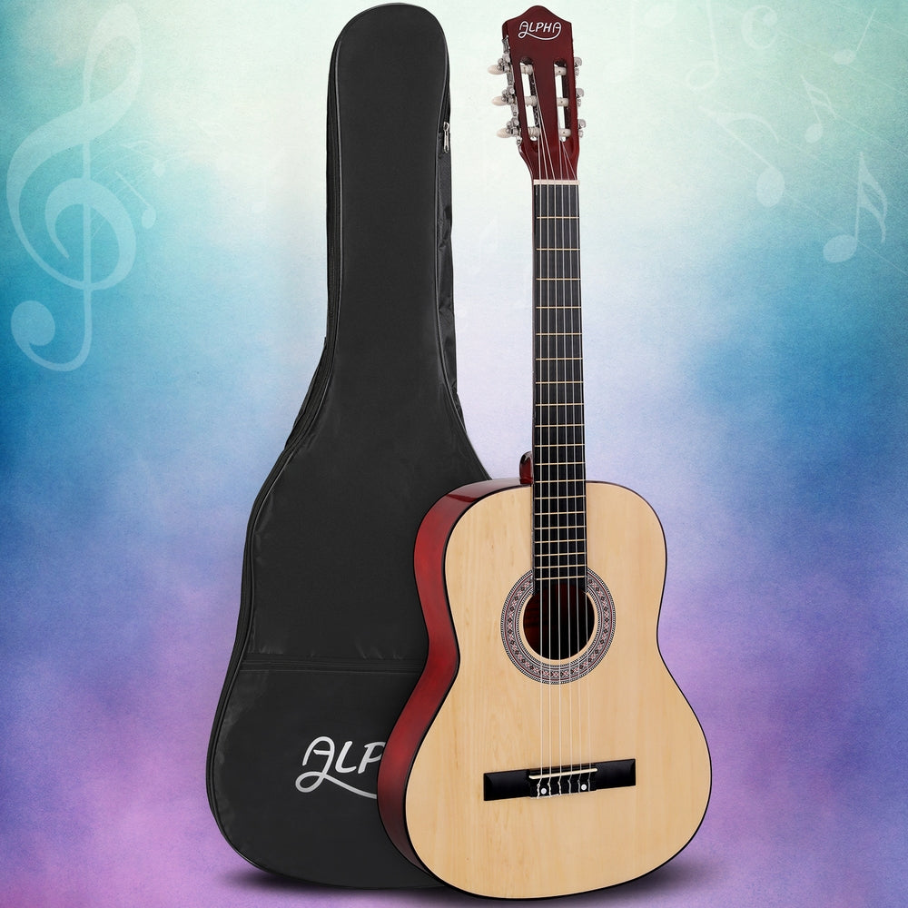 Alpha 39 Inch Classical Guitar Wooden Body Nylon String Beginner Gift Natural - SILBERSHELL