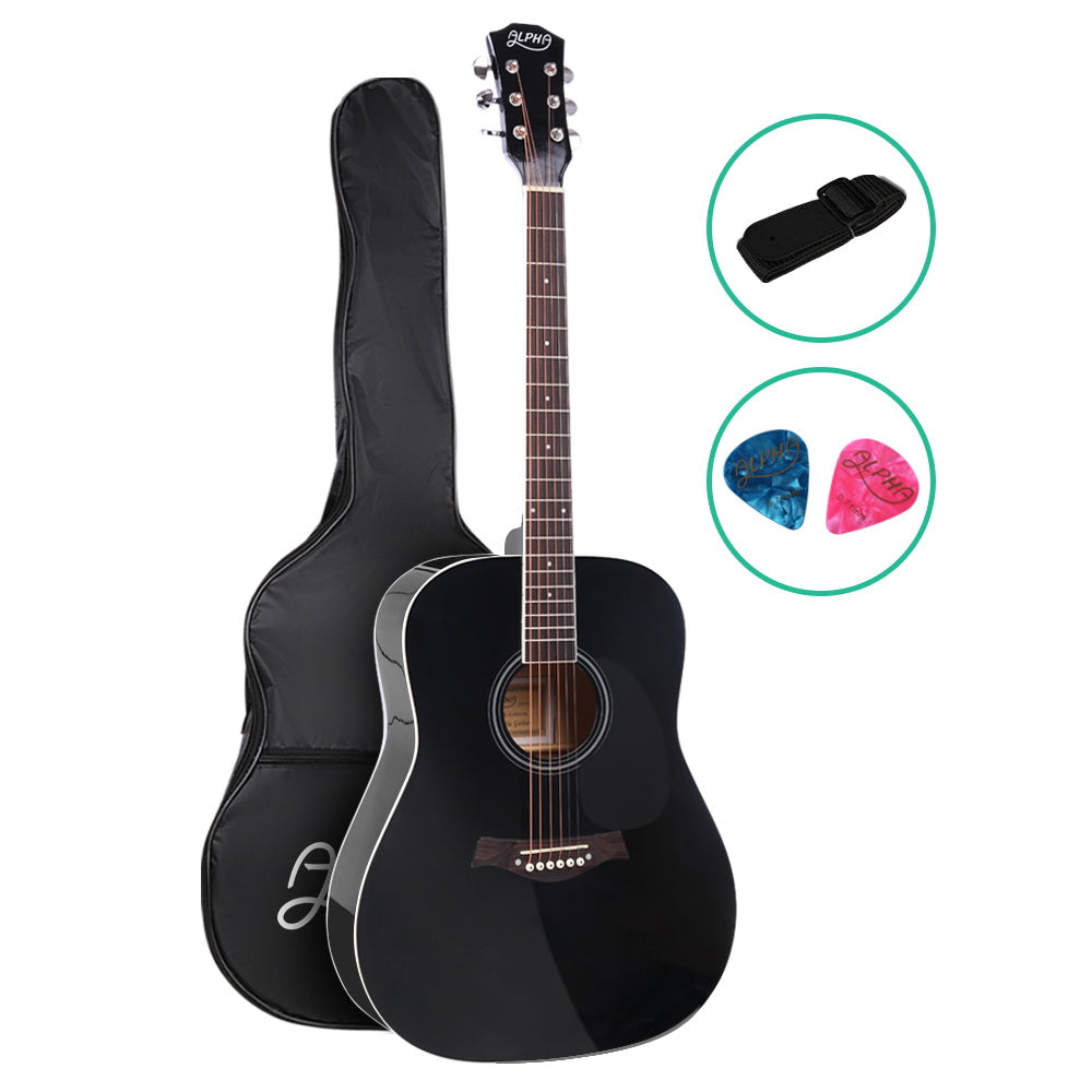 Alpha 41 Inch Acoustic Guitar Wooden Body Steel String Dreadnought Black - SILBERSHELL