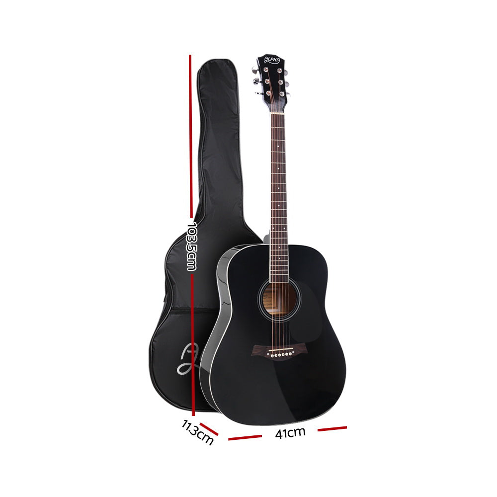 Alpha 41 Inch Acoustic Guitar Wooden Body Steel String Dreadnought Black - SILBERSHELL