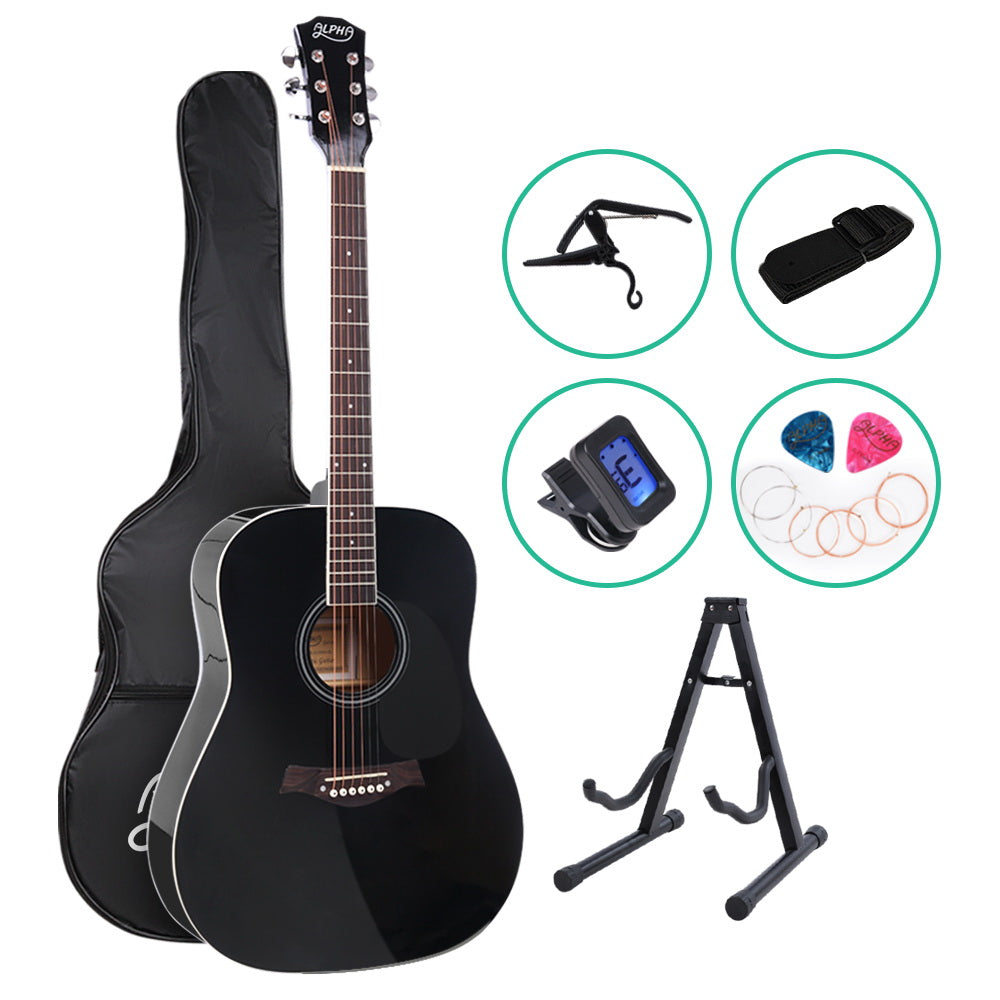 Alpha 41 Inch Acoustic Guitar Wooden Body Steel String Dreadnought Stand Black - SILBERSHELL