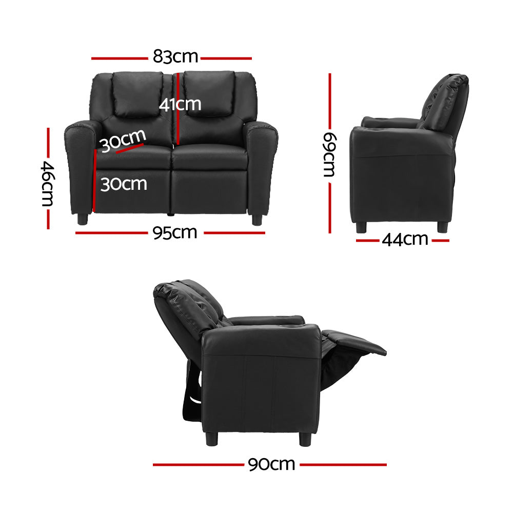 Keezi Kids Recliner Chair Double PU Leather Sofa Lounge Couch Armchair Black - SILBERSHELL