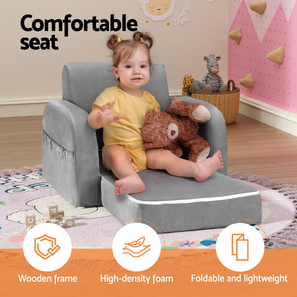Keezi Kids Sofa 2 Seater Children Flip Open Couch Lounger Armchair Soft Grey - SILBERSHELL