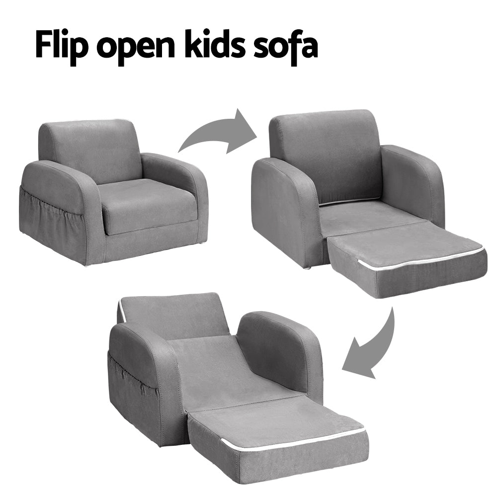 Keezi Kids Sofa 2 Seater Children Flip Open Couch Lounger Armchair Soft Grey - SILBERSHELL