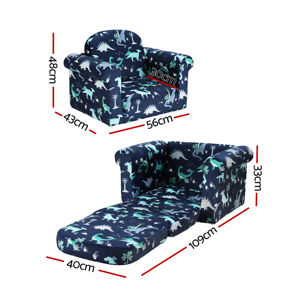 Keezi Kids Sofa 2 Seater Children Flip Open Couch Lounger Armchair Dinosaur Navy - SILBERSHELL