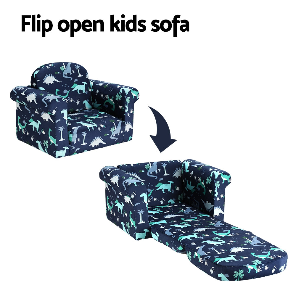 Keezi Kids Sofa 2 Seater Children Flip Open Couch Lounger Armchair Dinosaur Navy - SILBERSHELL