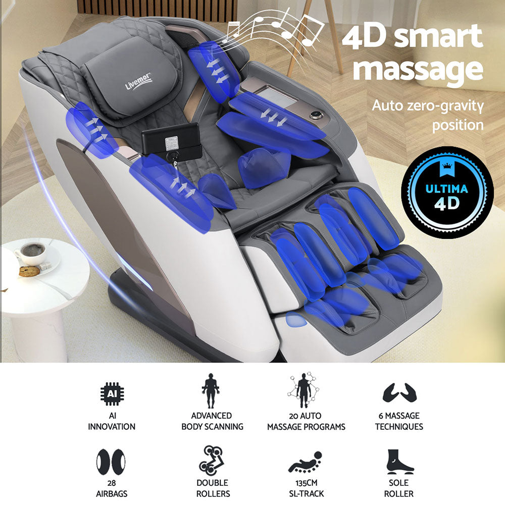 Livemor 4D Massage Chair Electric Recliner Double Core Mechanism Massager Melisa White - SILBERSHELL