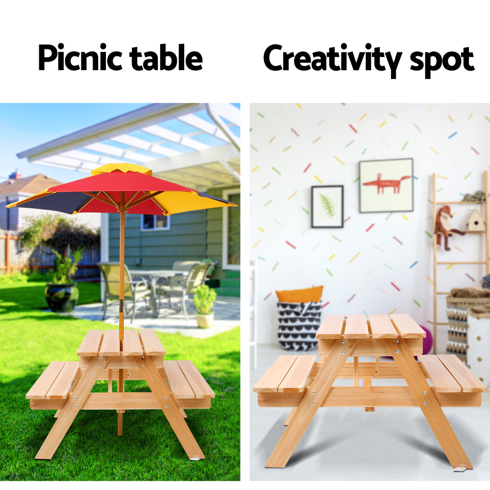 Keezi Kids Wooden Picnic Table Set with Umbrella - SILBERSHELL