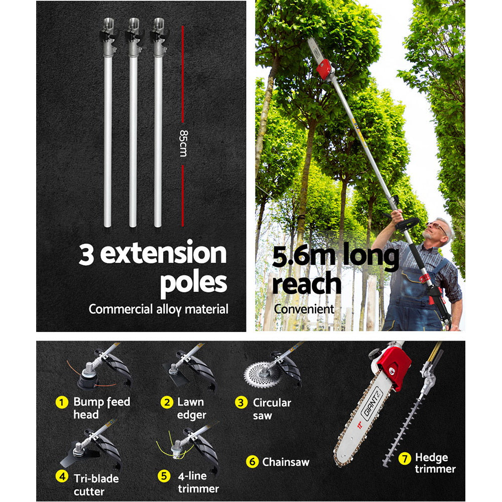 Giantz 62CC Pole Chainsaw Hedge Trimmer Brush Cutter Whipper 7-in-1 5.6m Red - SILBERSHELL