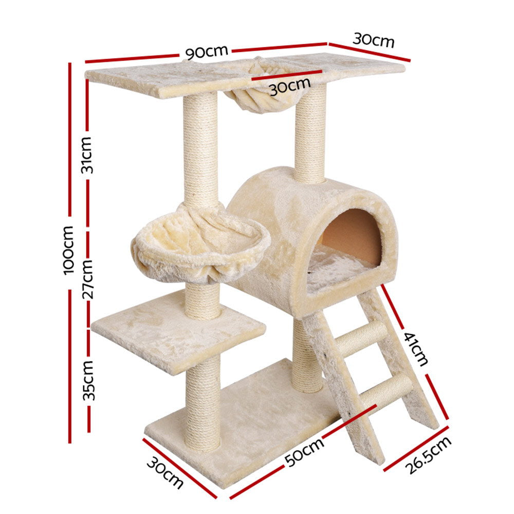 i.Pet Cat Tree 100cm Tower Scratching Post Scratcher Condo House Trees Bed Beige - SILBERSHELL