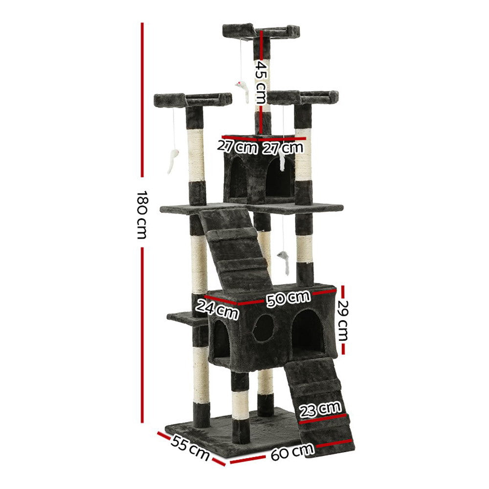 i.Pet Cat Tree 180cm Tower Scratching Post Scratcher Wood Condo House Toys Grey - SILBERSHELL