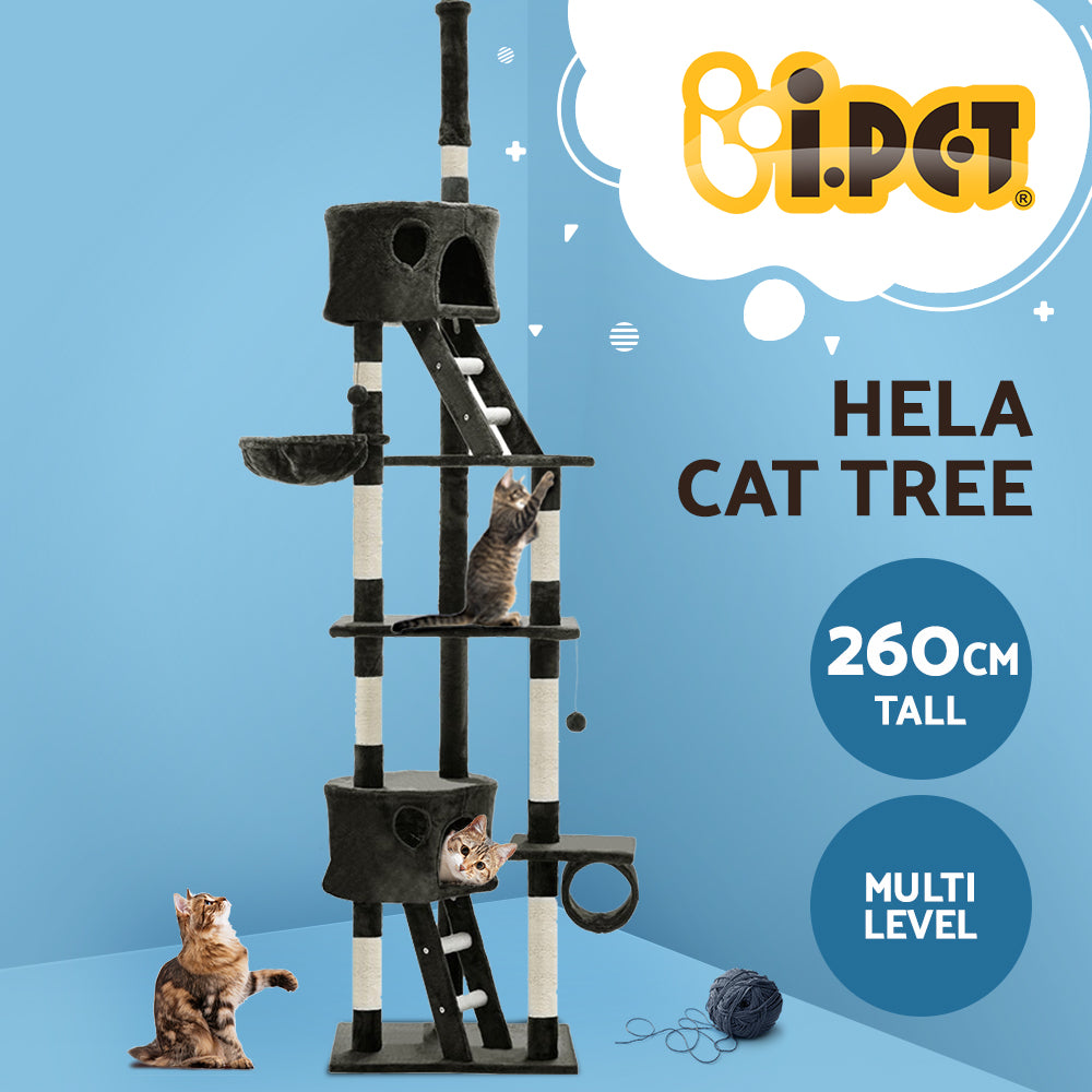 i.Pet Cat Tree 260cm Tower Scratching Post Scratcher Condo House Trees Grey - SILBERSHELL