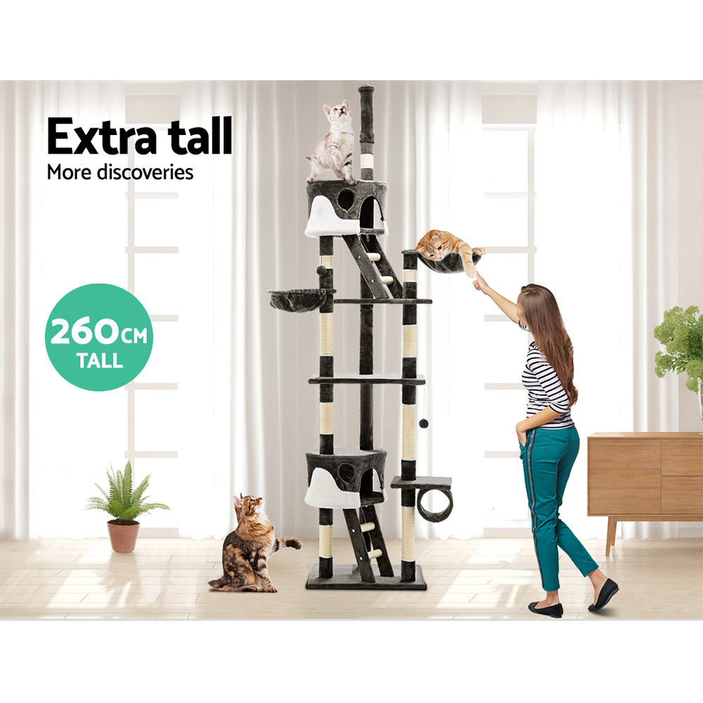 i.Pet Cat Tree 260cm Tower Scratching Post Scratcher Condo House Trees Grey - SILBERSHELL