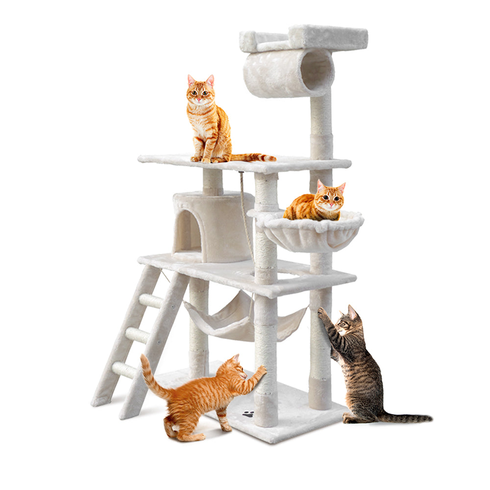 i.Pet Cat Tree 141cm Tower Scratching Post Scratcher Condo Wood House Bed Beige - SILBERSHELL