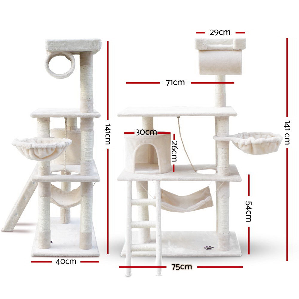 i.Pet Cat Tree 141cm Tower Scratching Post Scratcher Condo Wood House Bed Beige - SILBERSHELL