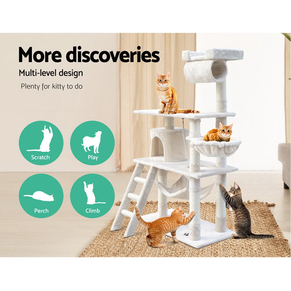 i.Pet Cat Tree 141cm Tower Scratching Post Scratcher Condo Wood House Bed Beige - SILBERSHELL