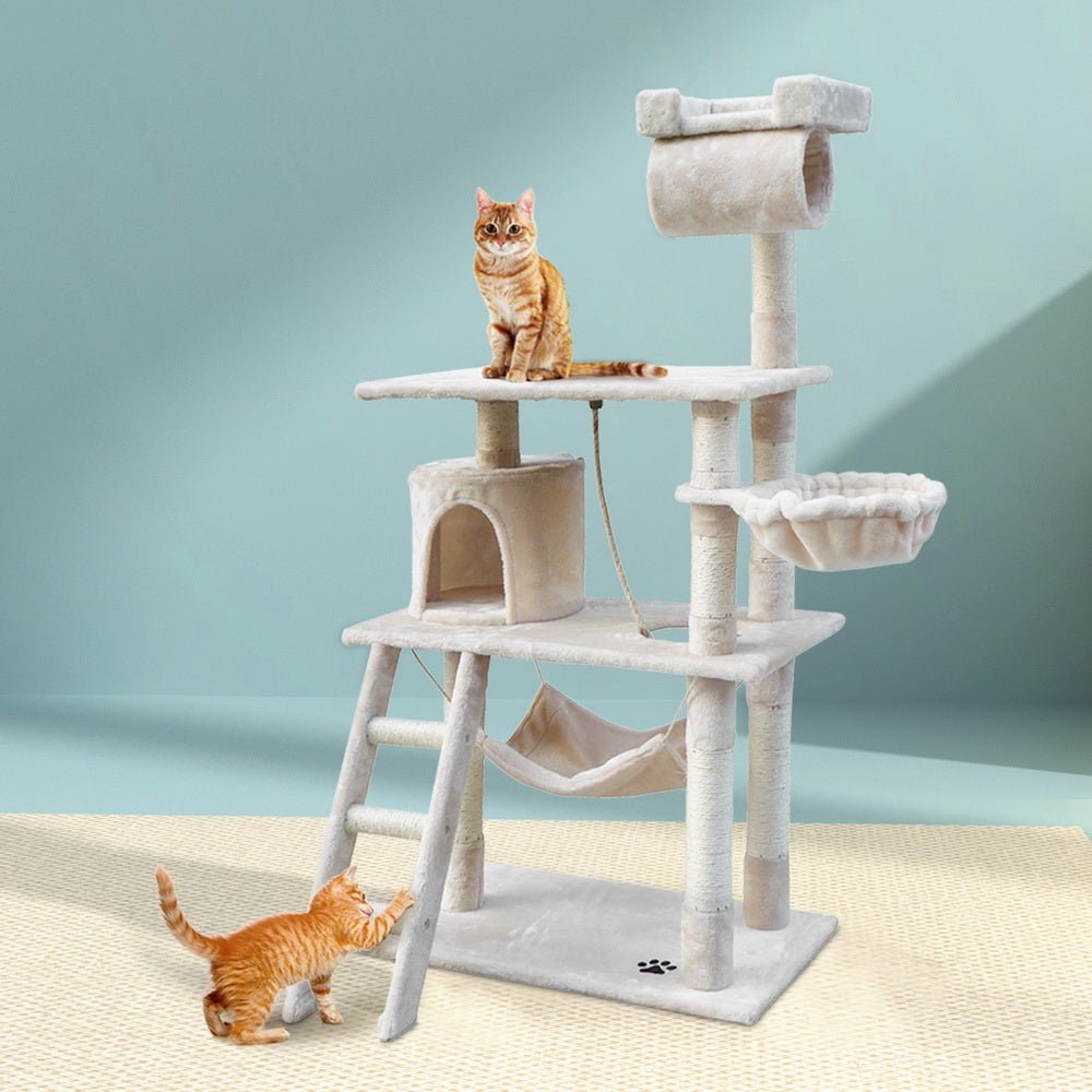 i.Pet Cat Tree 141cm Tower Scratching Post Scratcher Condo Wood House Bed Beige - SILBERSHELL