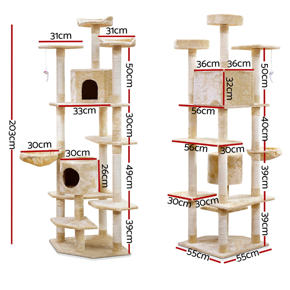 i.Pet Cat Tree 203cm Tower Scratching Post Scratcher Condo Trees House Bed Beige - SILBERSHELL
