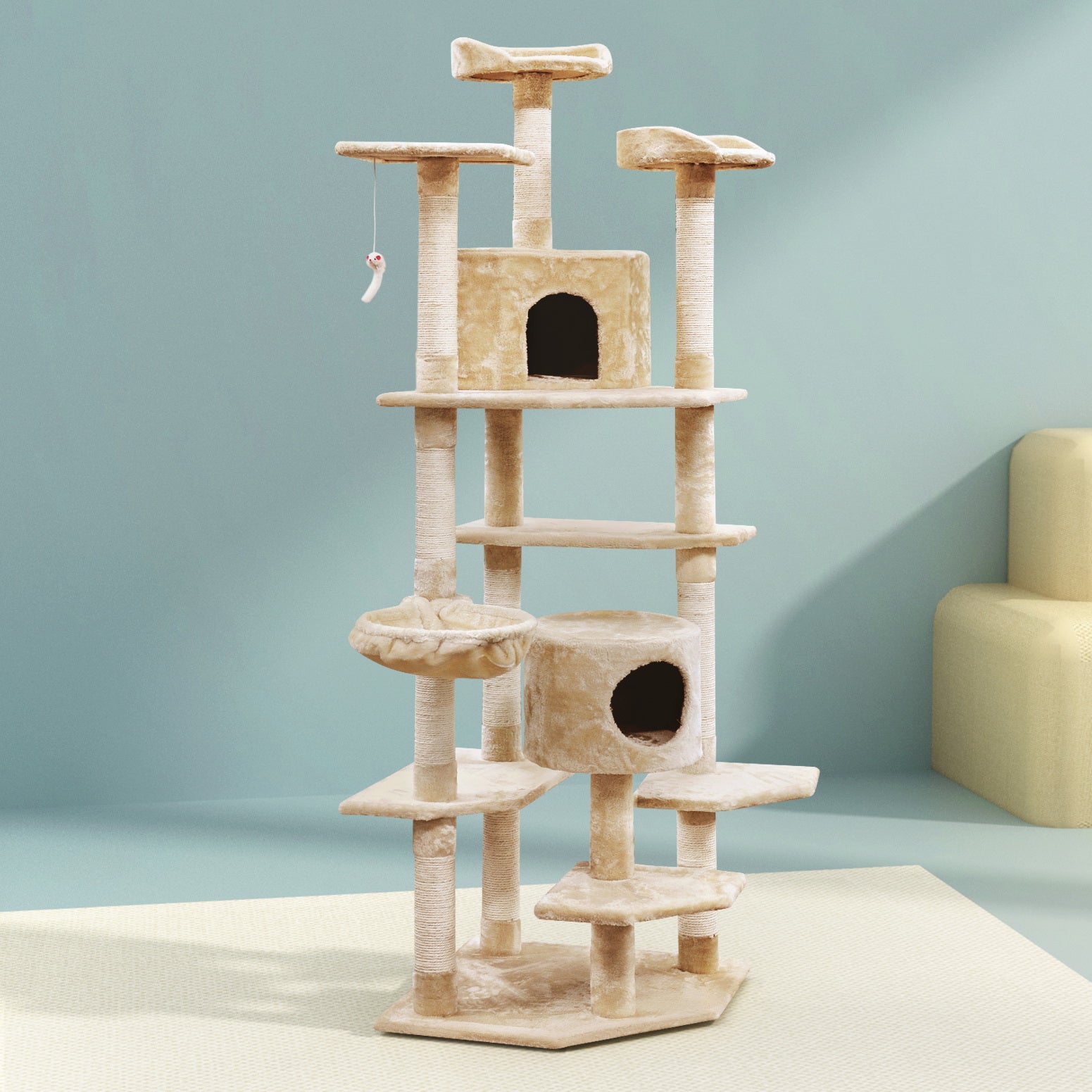 i.Pet Cat Tree 203cm Tower Scratching Post Scratcher Condo Trees House Bed Beige - SILBERSHELL