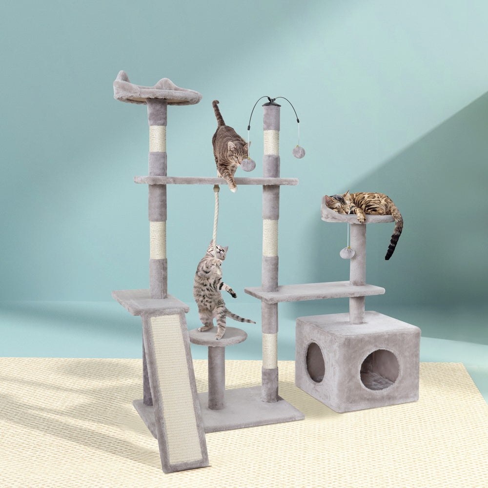 i.Pet Cat Tree 135cm Tower Scratching Post Scratcher Wood Condo House Toys Grey - SILBERSHELL