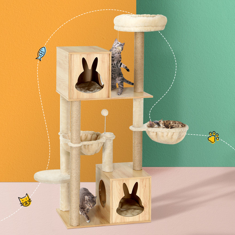 i.Pet Cat Tree 141cm Tower Scratching Post Scratcher Wood Bed Condo Toys House Ladder - SILBERSHELL