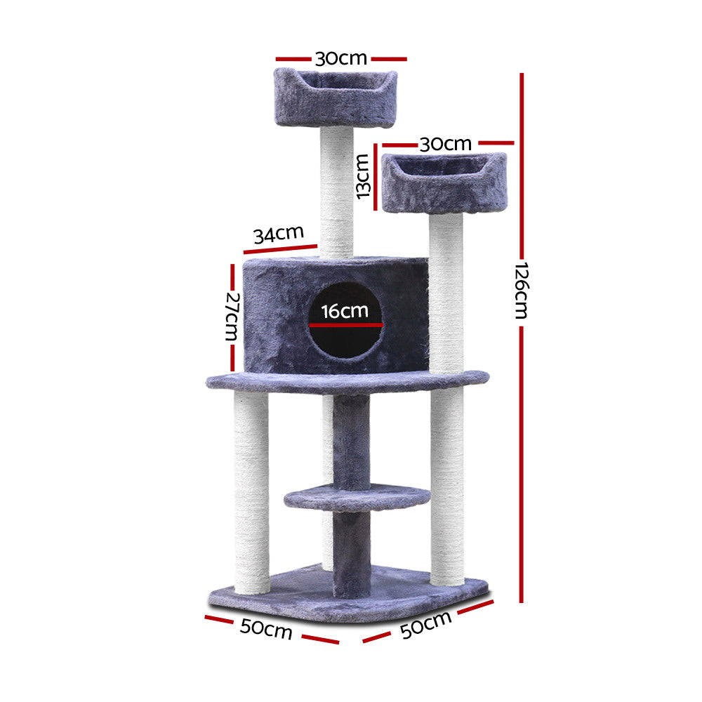 i.Pet Cat Tree 126cm Tower Scratching Post Scratcher Condo Trees House Grey - SILBERSHELL