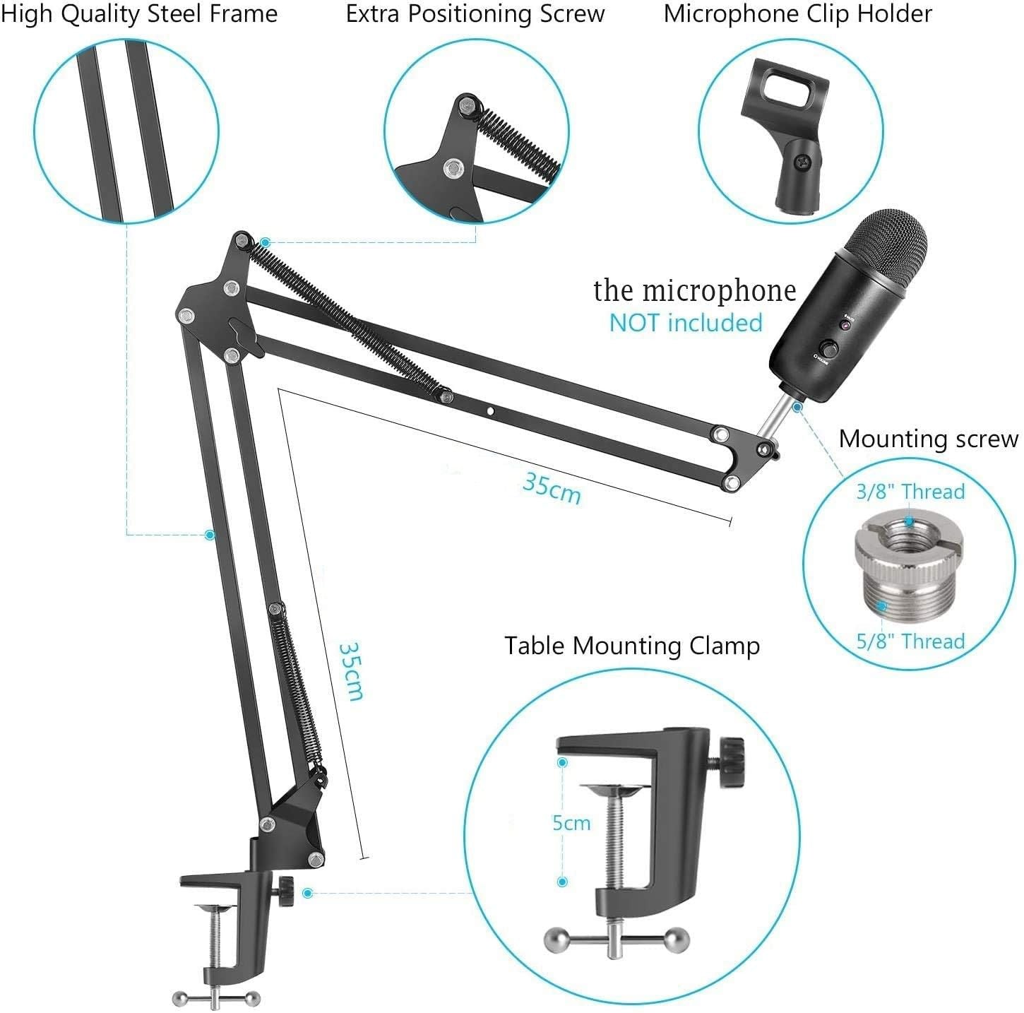 Microphone Radio Broadcasting Stand with 3/8"to 5/8" Screw Adapter and Windscreen Pop Filter - SILBERSHELL