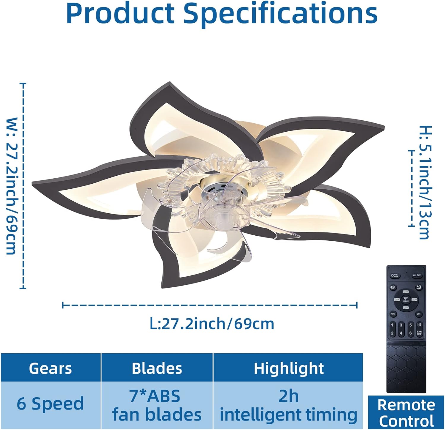 Low Ceiling Light Fan, Low Profile, 6 Wind Speed, 3 Colors (69 cm) - SILBERSHELL