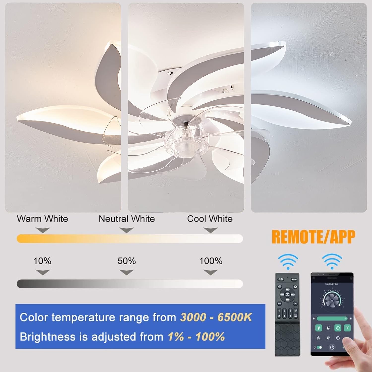 Low Ceiling Light Fan, Low Profile, 6 Wind Speed, 3 Colors (68 cm) - SILBERSHELL