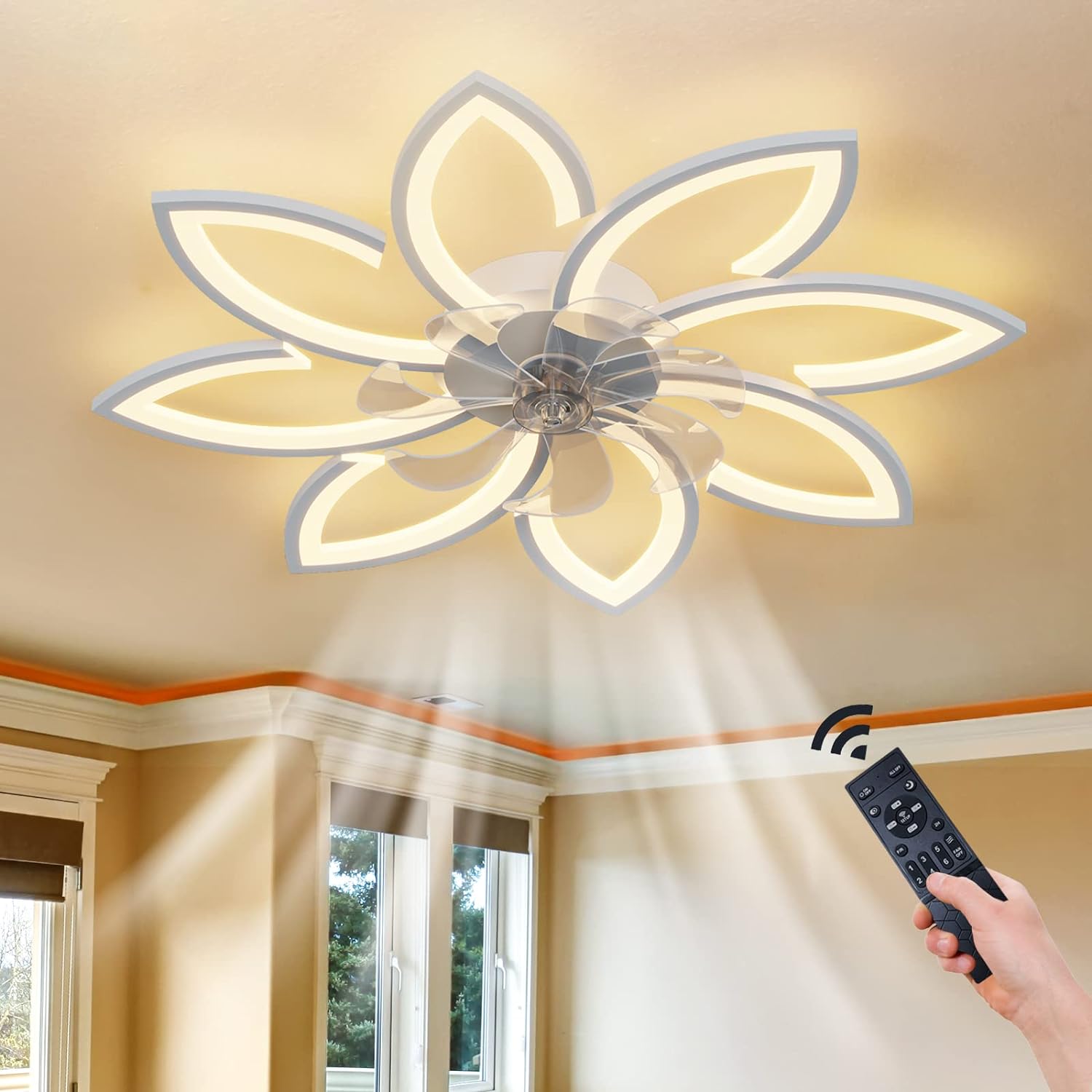 Modern Ceiling Light Fan, Low Profile, 6 Wind Speed, 3 Color (90cm, White) - SILBERSHELL