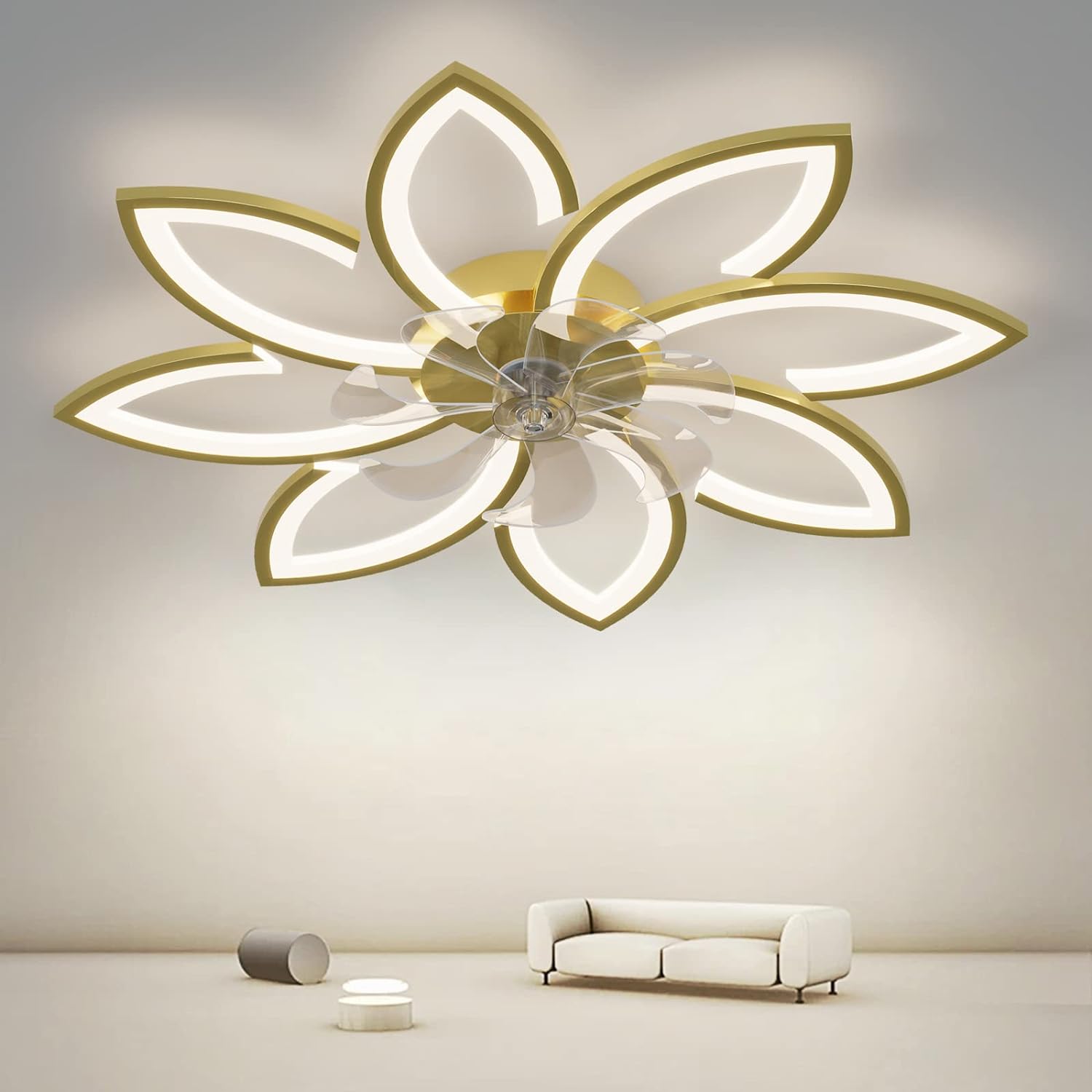 Modern Ceiling Light Fan, Low Profile, 6 Wind Speed, 3 Color (90cm, Gold) - SILBERSHELL