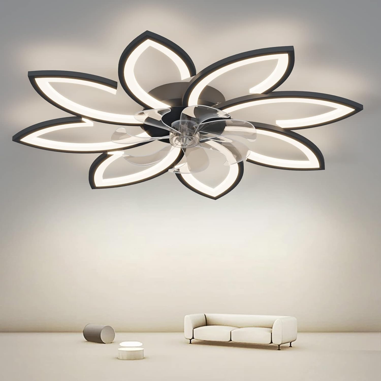 Modern Ceiling Light Fan, Low Profile, 6 Wind Speed, 3 Color (90cm, Black) - SILBERSHELL